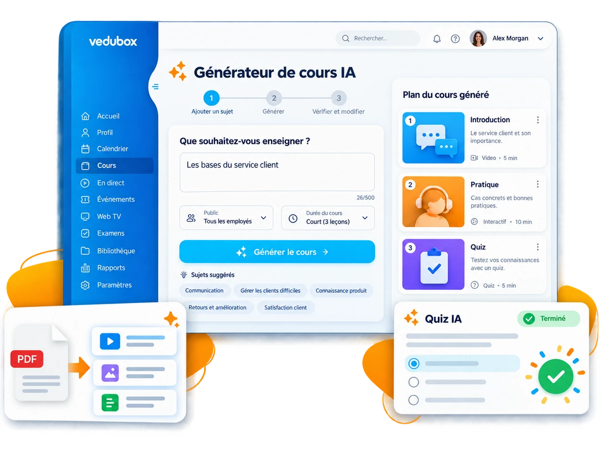 Générateur de cours IA créant le plan d'un cours, des leçons et un quiz.