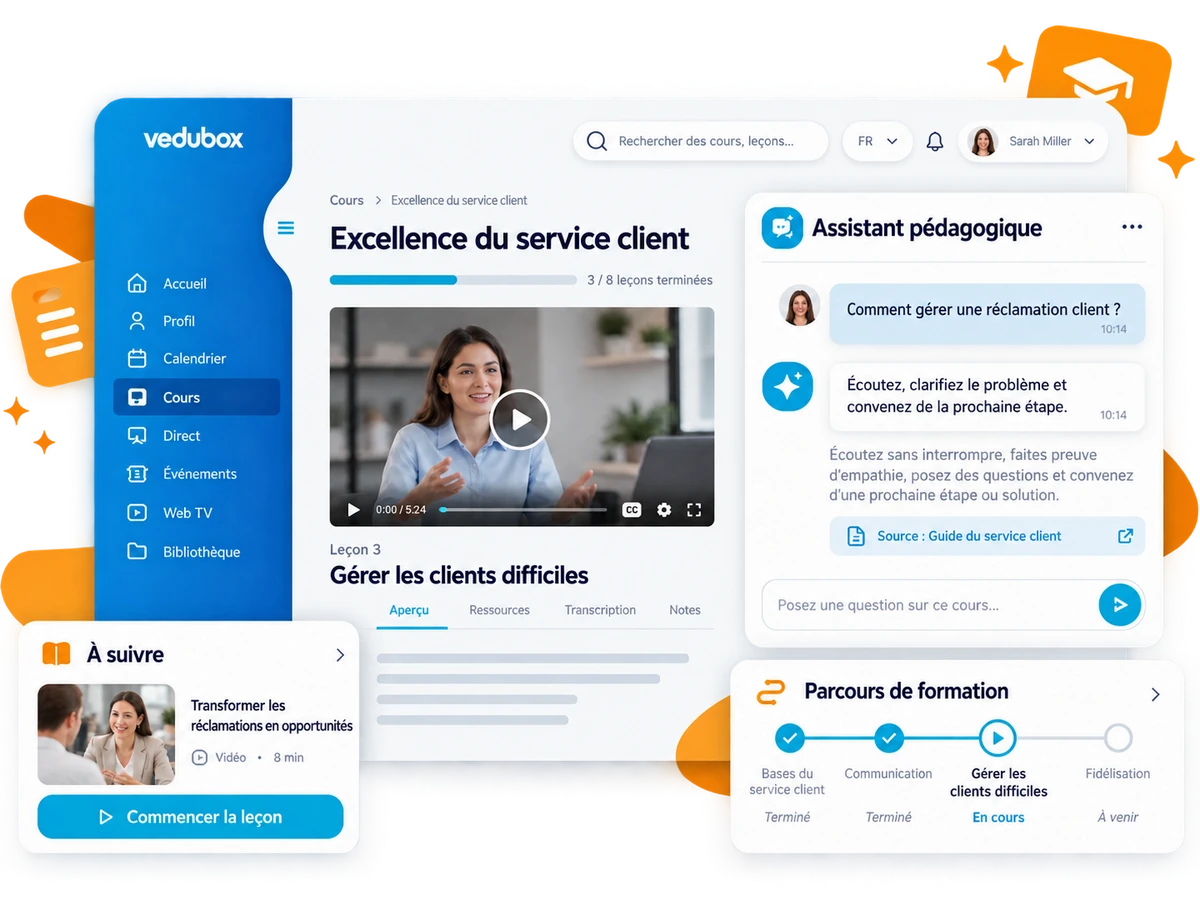 Interface d'apprentissage avec une leçon, une conversation IA citant un guide de formation et les prochaines étapes recommandées.