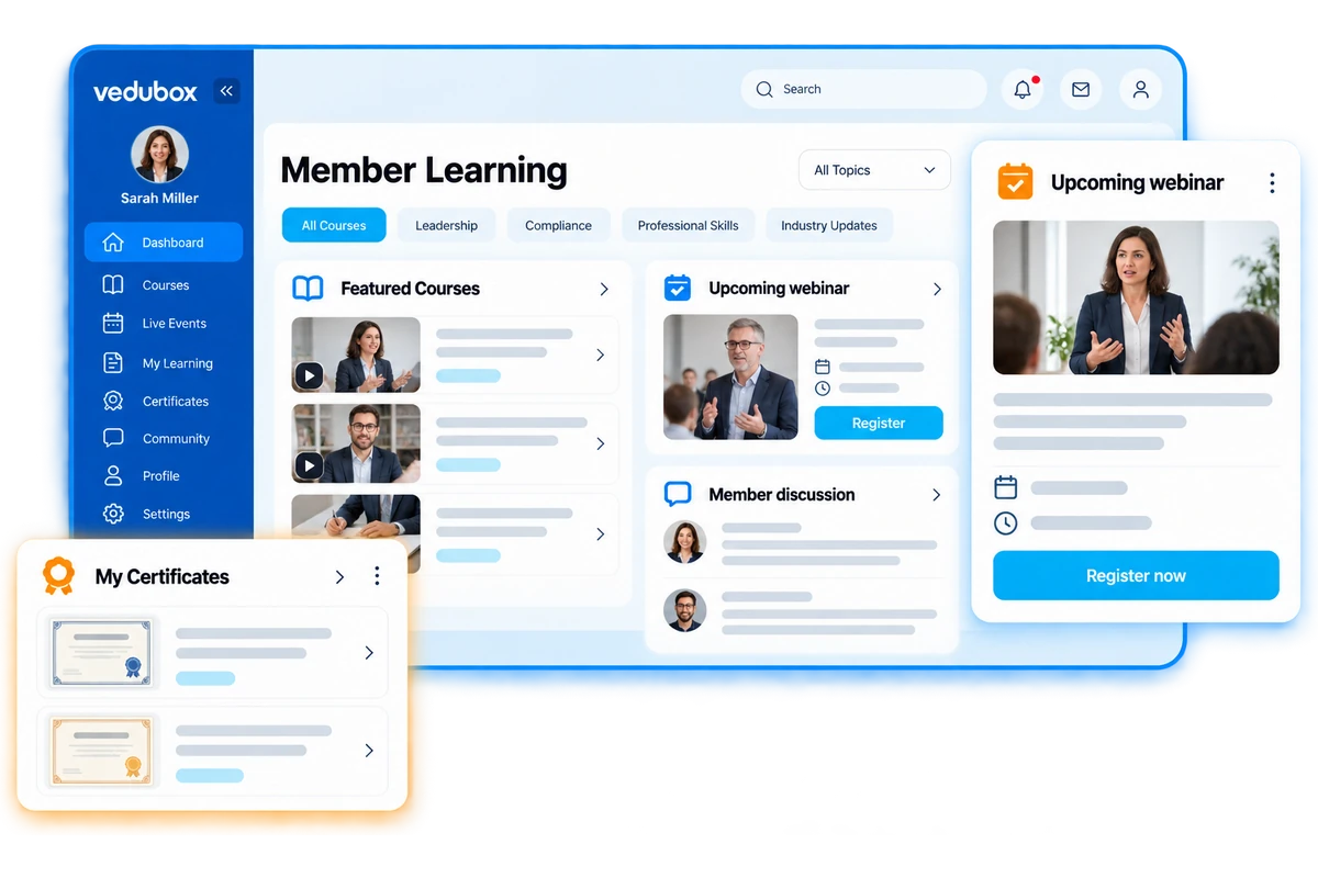 Portail de formation des membres avec cours professionnels, webinaires et certificats.