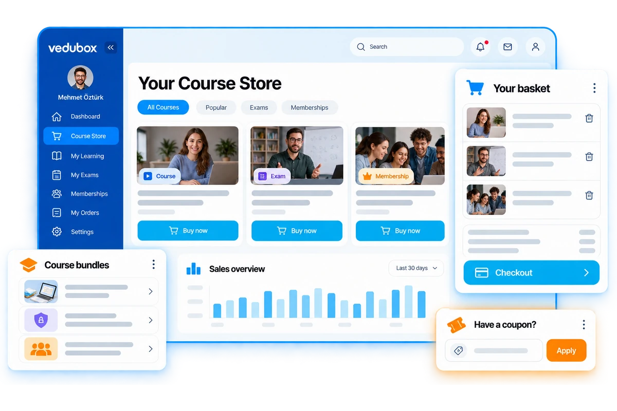 Boutique de cours avec offres de formation, paiement en ligne et rapports de ventes.
